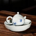 Blue and White Porcelain Teapot Set with Tea Tray - Hand-Painted Bat Motif Chinese Kung Fu Tea Set