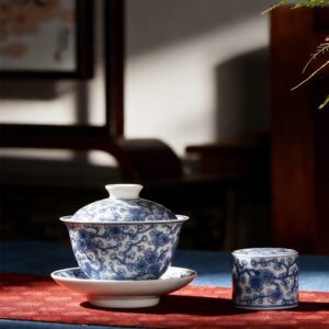 Hand-painted Blue and White Porcelain Ice Plum Gaiwan & Lid Rest Set | Jingdezhen Tea Ware